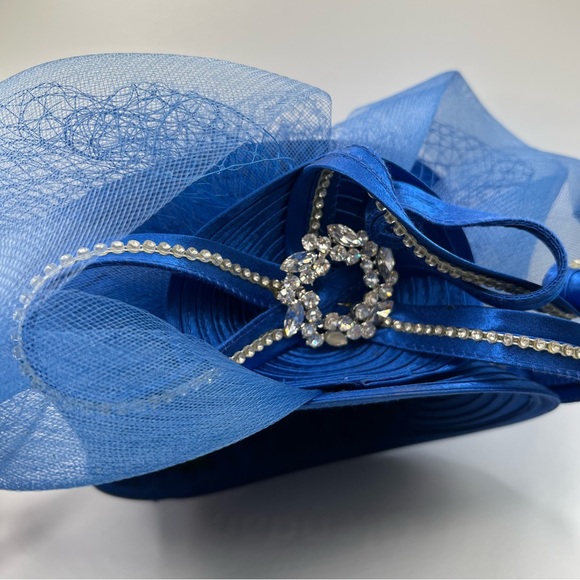 Susanna Elegant Blue Church, Derby Hat with Meshing and Rhinestone Accents main image 6